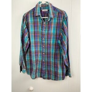 Saddlebrook Mens XL Vintage 90s Plaid Flannel Shirt Teal Purple Multi Color